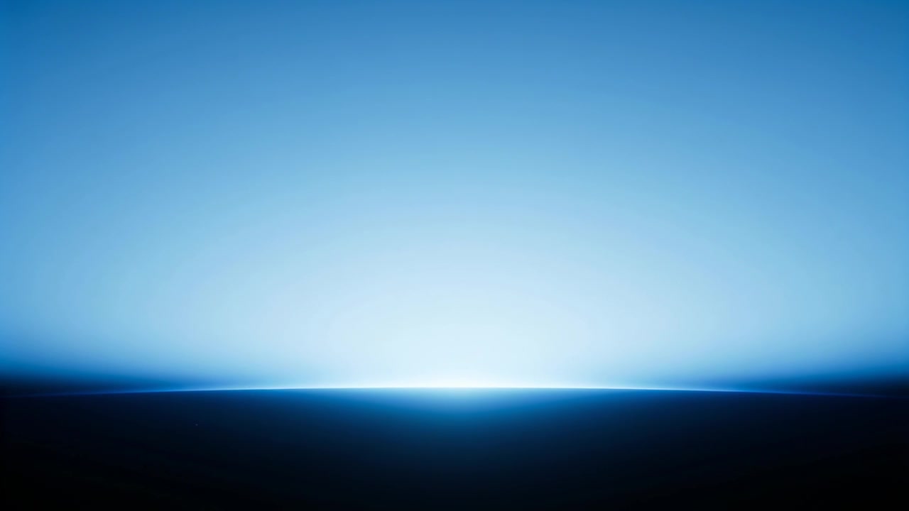 Banda luminosa pulsante che cambia luminosità lungo un orizzonte minimale con sfumatura blu e piano scuro.