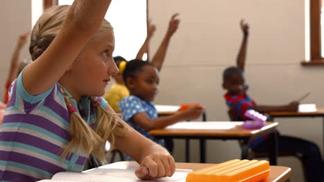 school children raising hands in class