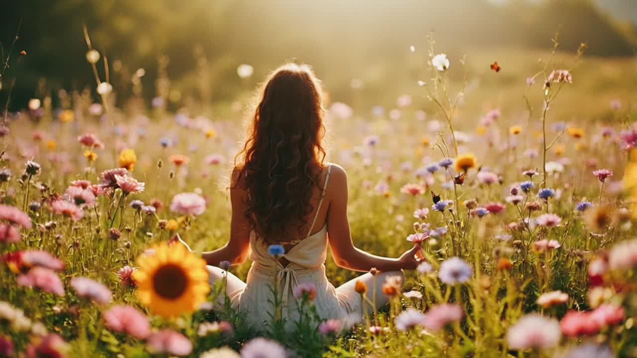 mujer meditando en un campo de flores