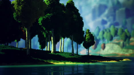 serene forest landscape reflecting on calm water during sunny day