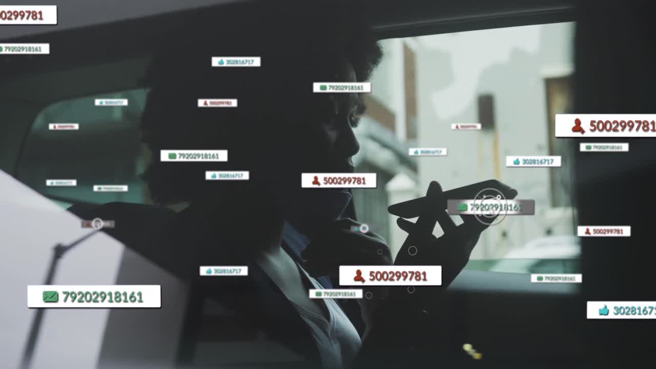 Animation of social media notifications over african american woman in face mask using phone in car