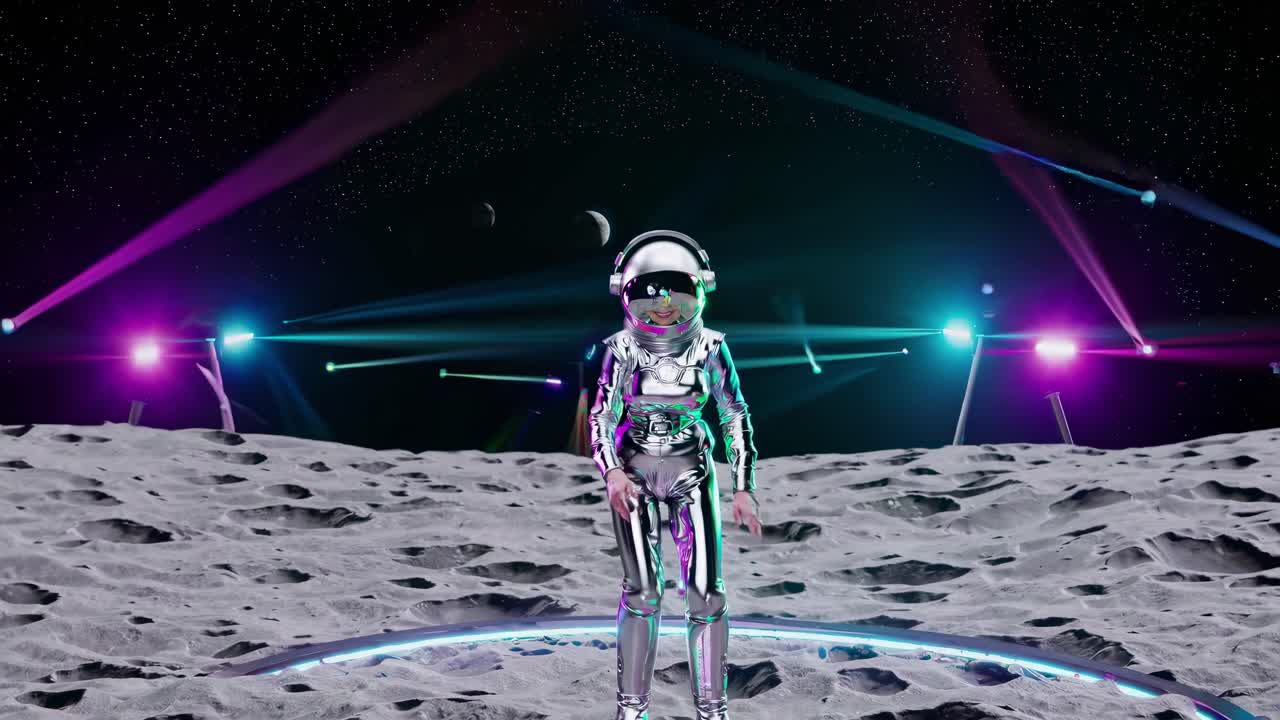 A futuristic video scene with an astronaut in a metallic suit on a moonlit surface