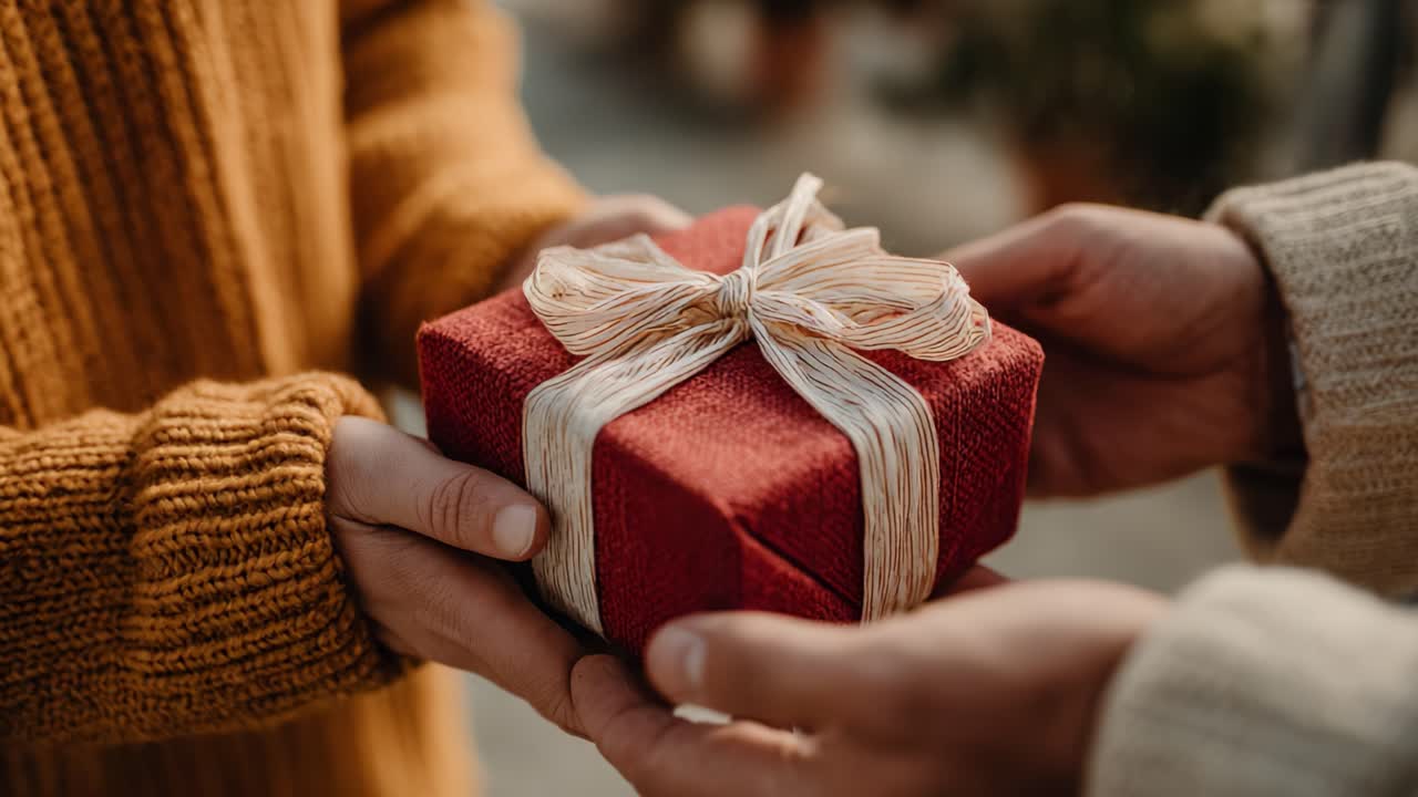 Un momento speciale di generosità: presentare un regalo splendidamente incartato tra due persone, catturando la gioia e l'attesa mentre il destinatario si prepara a scartare le sorprese.
