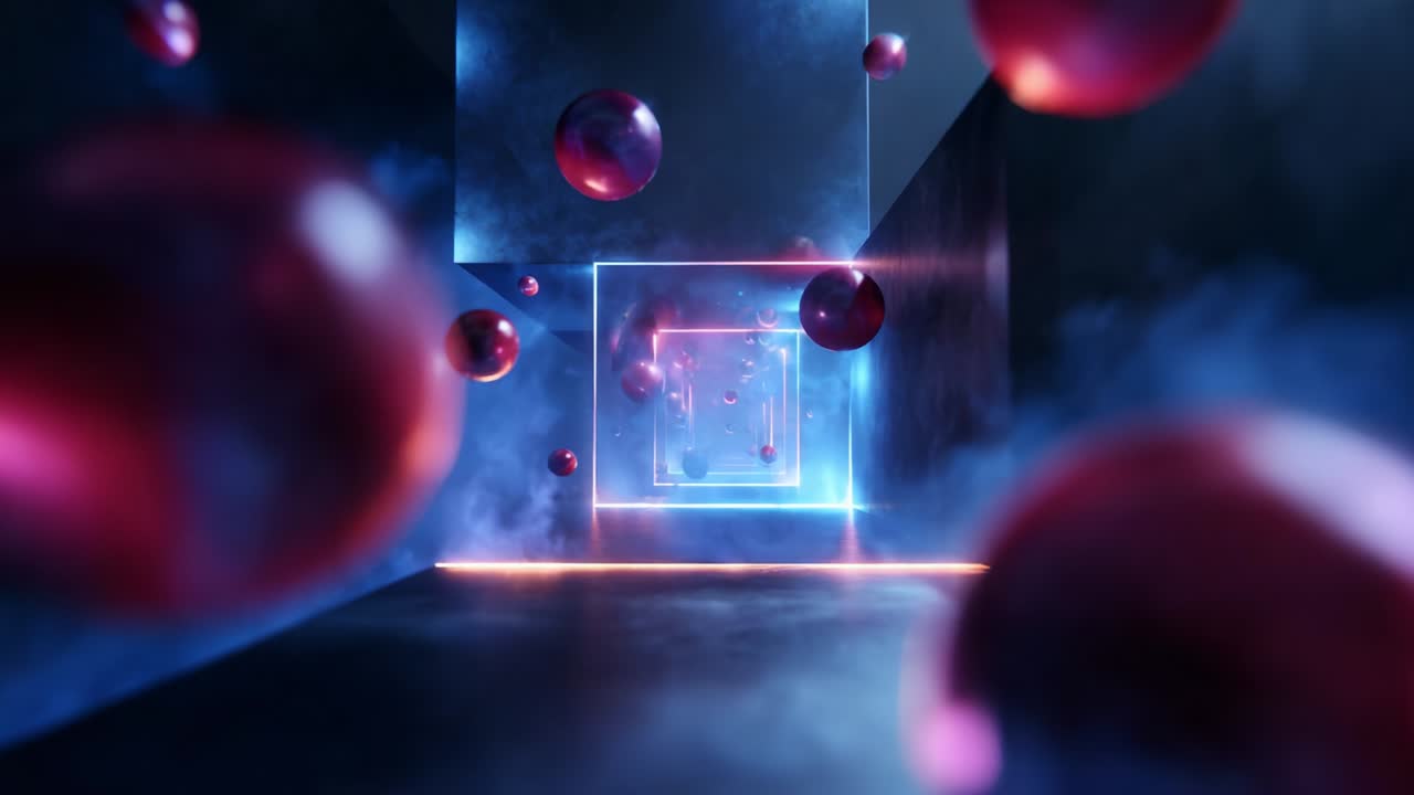 A Mesmerizing Journey Through an Abstract Digital Tunnel Filled with Glowing Spheres and Mysterious Fog, Showcasing Vivid Colors and Futuristic Lighting Effects in a Stunning Visual Experience