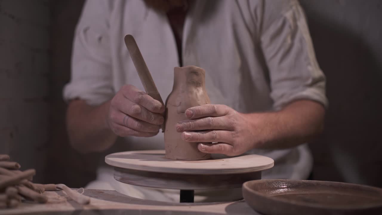 남성의 손은 턴테이블에 나무 도구로 점토 제품을 만들고 있습니다. 약간의 도리 아웃