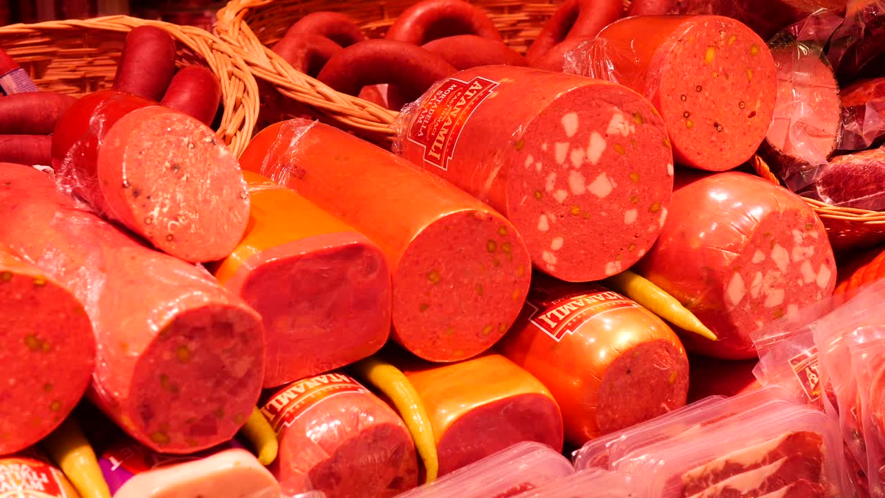 Variety of Processed Meats and Sausages on Display