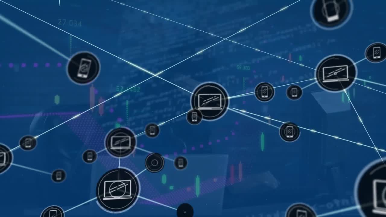 Animation of connected laptop and phone icons, codes, caucasian computer hacker using computer