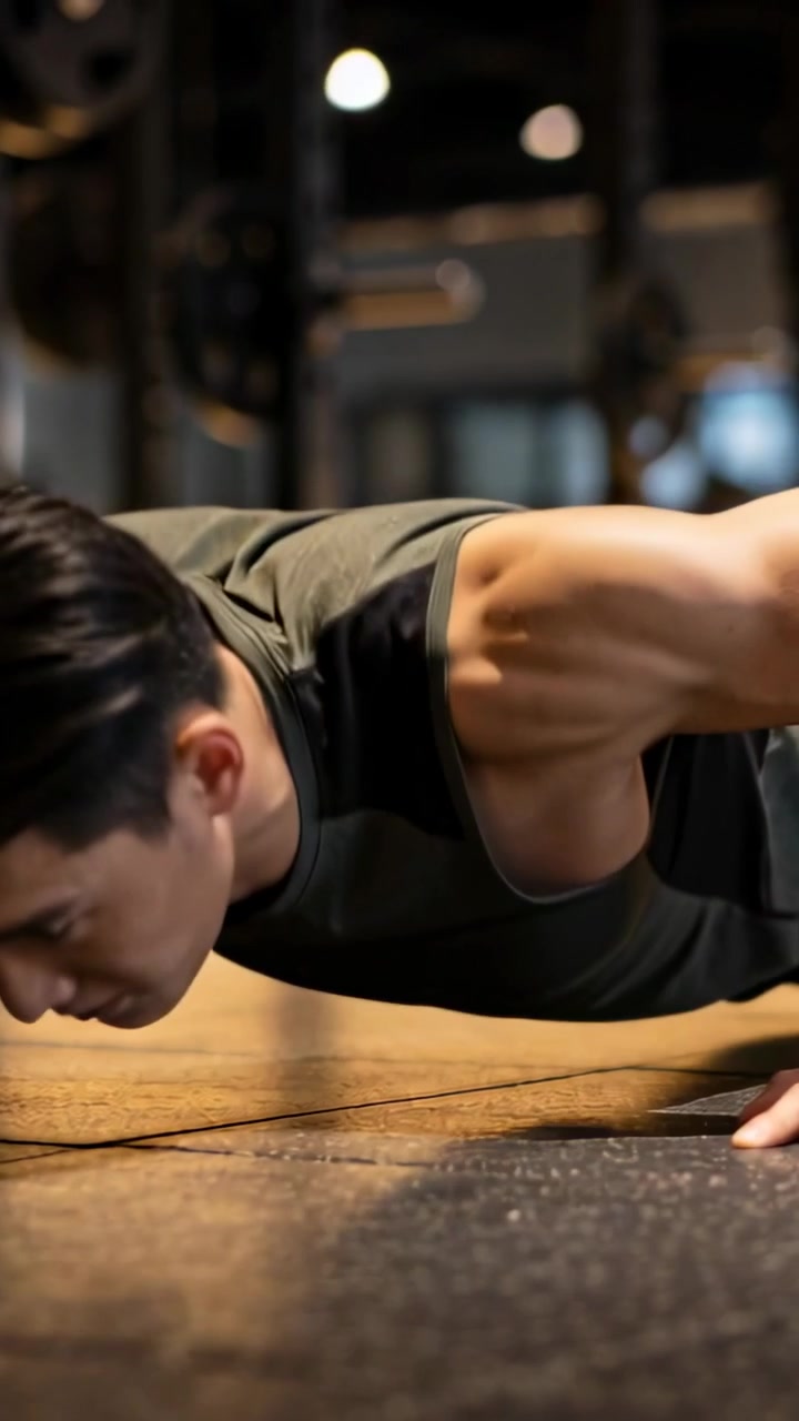 Vertical video: Starting man in sleeveless olive top performing push-ups at gym, engaging chest
