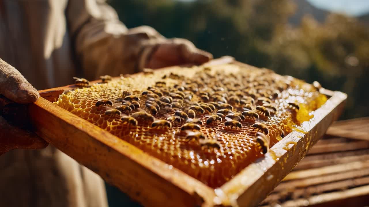 Capturando a Essência da Apicultura: Um Olhar Detalhado sobre um Quadro de Favo de Mel Rico em Néctar e Abelhas Atarefadas, Revelando a Arte e a Dedicação da Apicultura em Harmonia com a Natureza