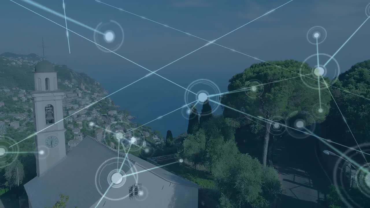 animación de la red de conexiones sobre paisajes y paisajes marinos