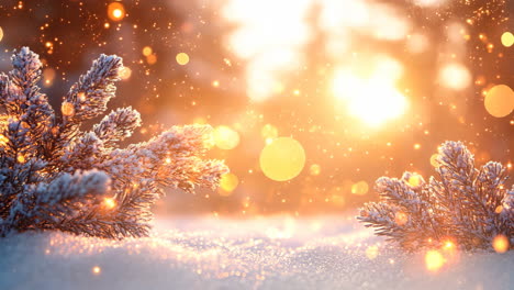 a snowy landscape with two evergreen trees lit up with lights. the scene is serene and peaceful, with the snow-covered ground and the glowing lights creating a warm and inviting atmosphere