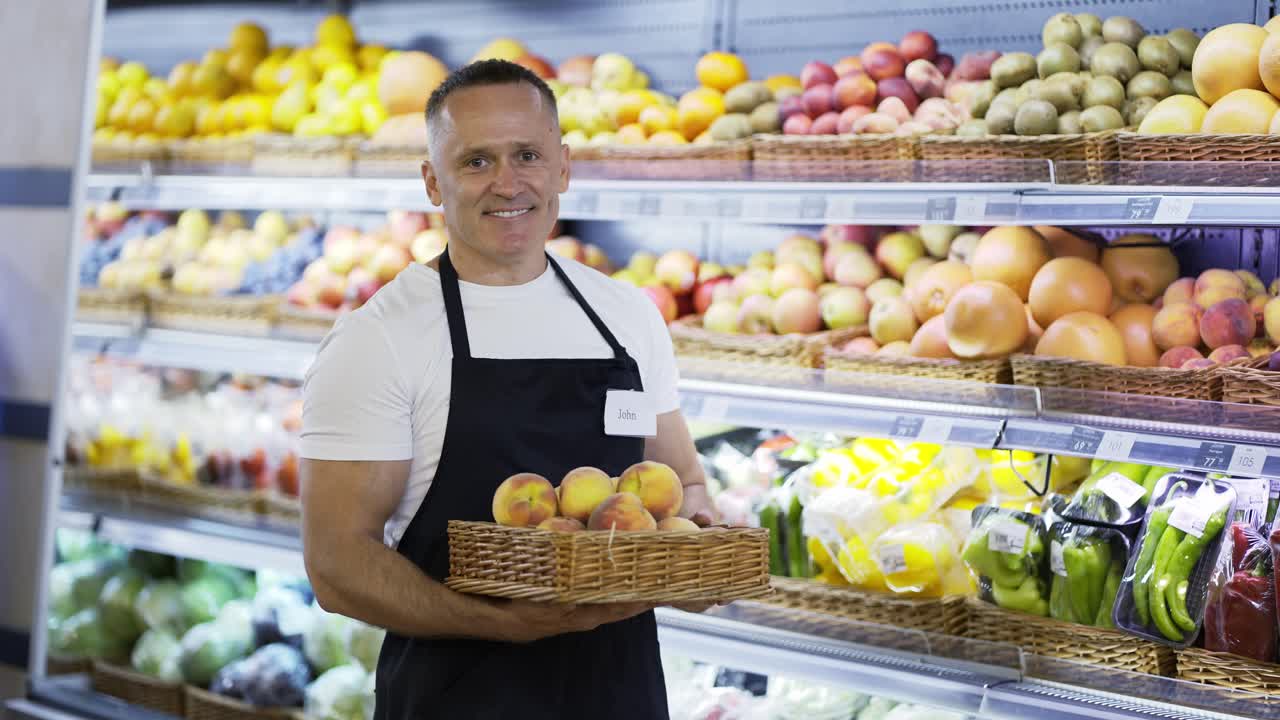 retrato de un feliz trabajador de una tienda de mediana edad sosteniendo una caja de frutas. un hombre con un delantal y una insignia. disparado trabajando