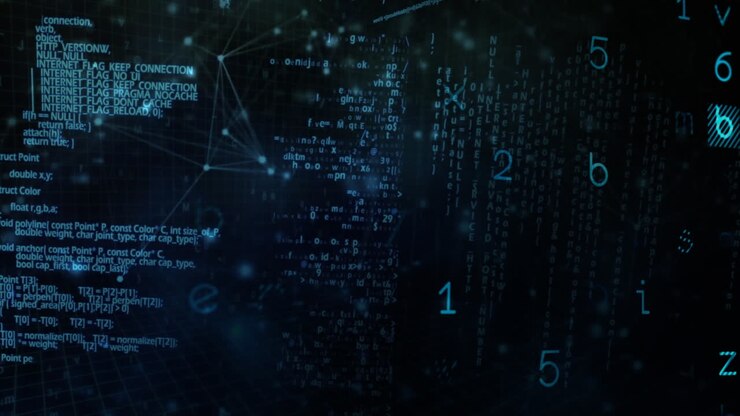 Animation of network of connections and data processing on black background