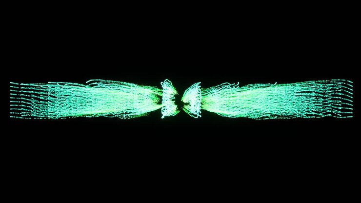 Visual effects, VFX, green particle lines on black background 3D animation