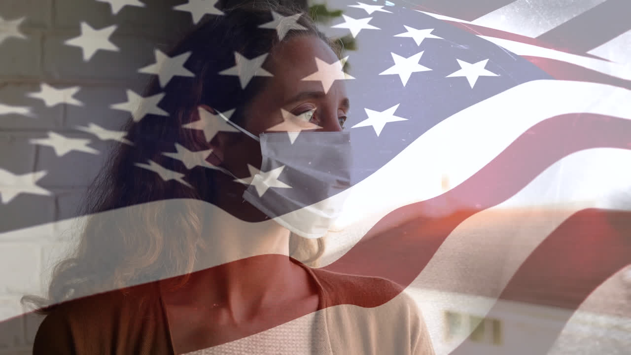 mujer con máscara en la cara contra nosotros agitando la bandera