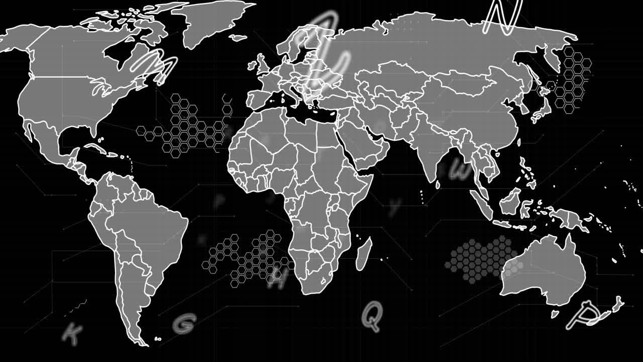animación de letras sobre el mapa del mundo sobre fondo negro