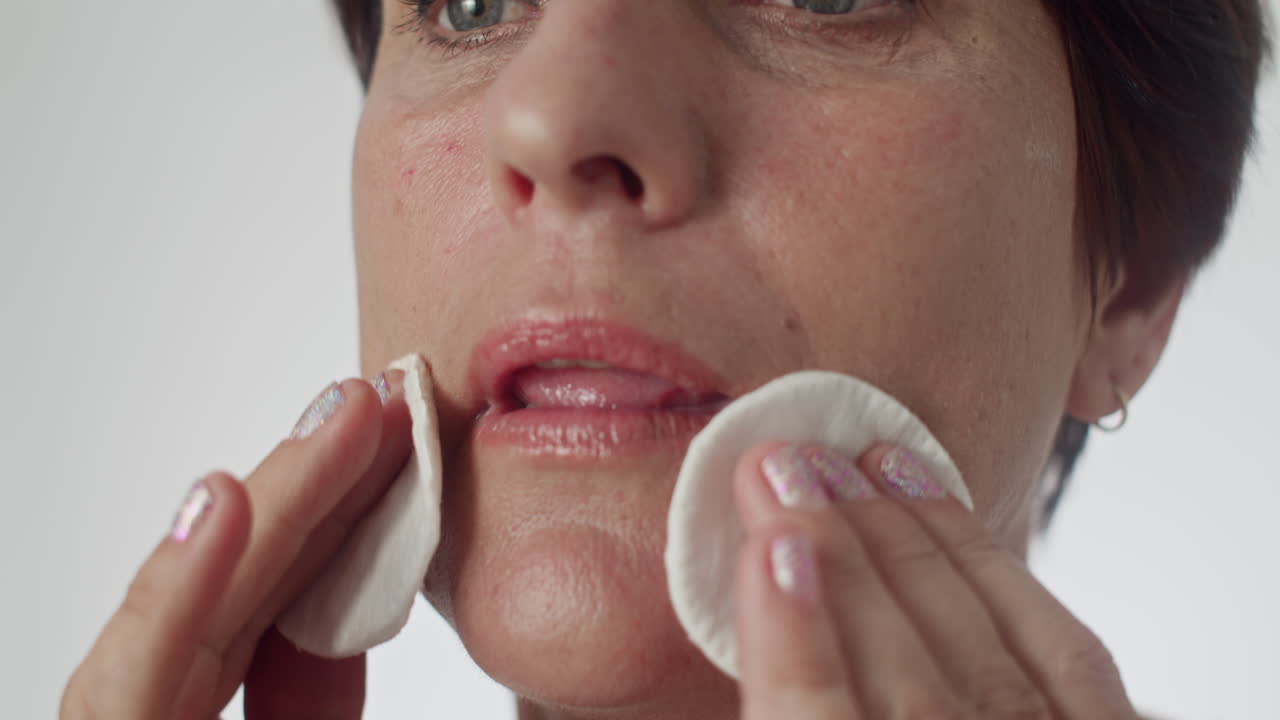 Woman Removing Makeup Using Cotton Pads