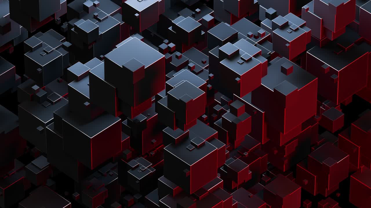 fondo abstracto creativo con formas geométricas giratorias. figuras transformadoras, diseño moderno de moda, estructura de bloques. composición de tecnología digital, colores de neón. bucle sin costuras 4k