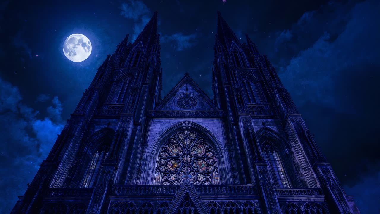 Opening sequence showing Gothic cathedral facade under moonlit sky, revealing full moon and clouds