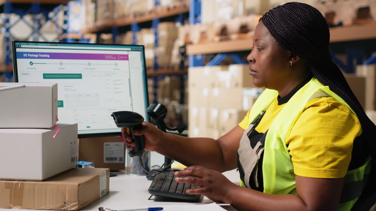 Vertical Video Employee scanning awb tags after packaging operations in a distribution center