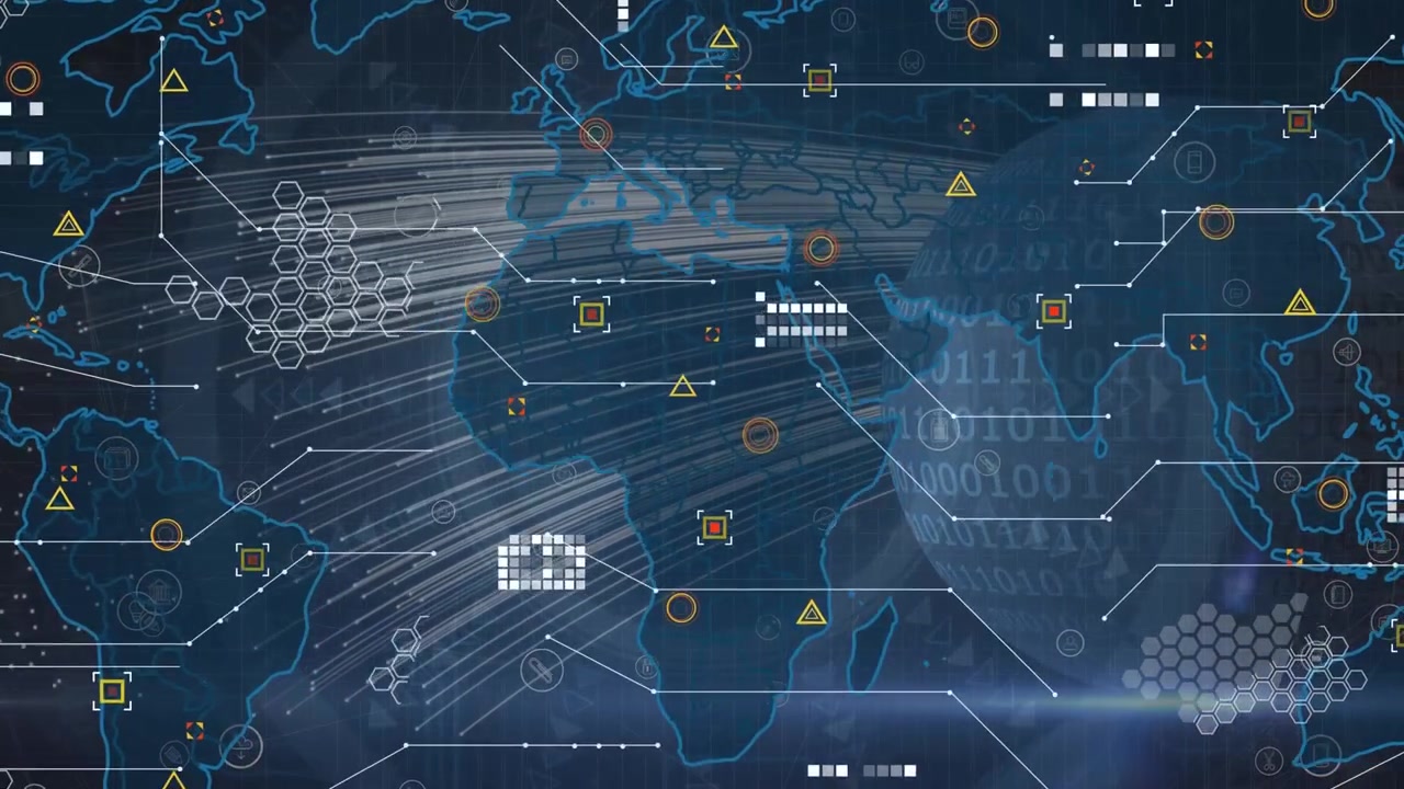 Animation of world map, icons and globe in navy space