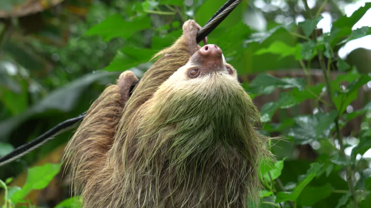 Un adorabile bradipo che riposa su una corda, a testa in giù, mentre piove.