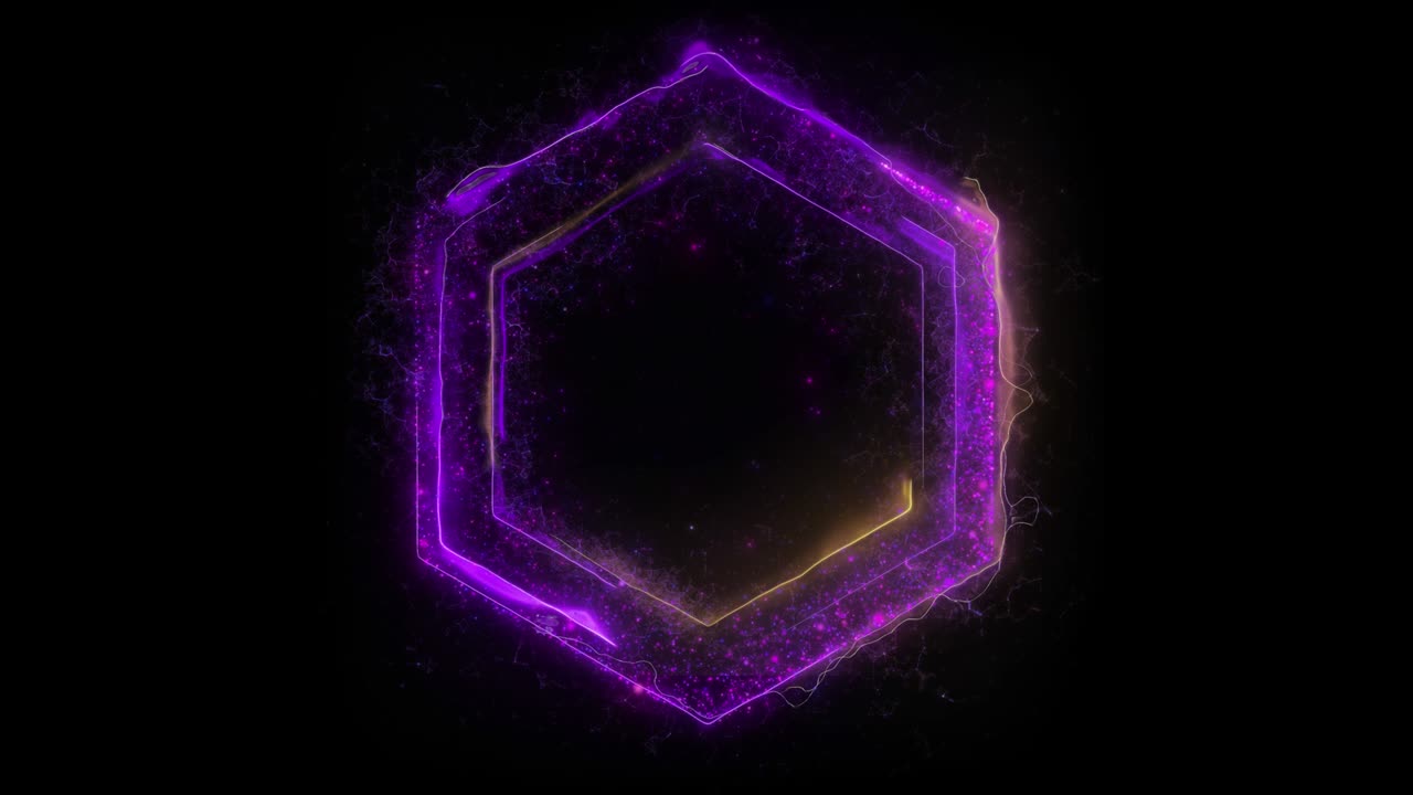 animación de un portal eléctrico hexagonal violeta que consiste en relámpagos, energía y partículas aisladas en fondo negro con alpha luma matte vfx cg 4k. puerta espacial. ciencia ficción. futurista.