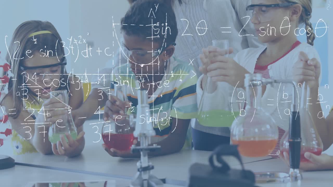 niños en clase de química con su maestro 4k