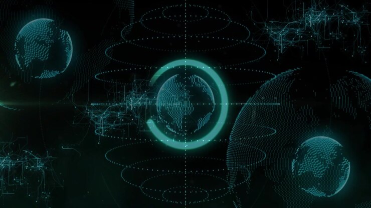 Teal ring appearing around central dotted globe, rotating clockwise, forming nodes, stabilizing HUD