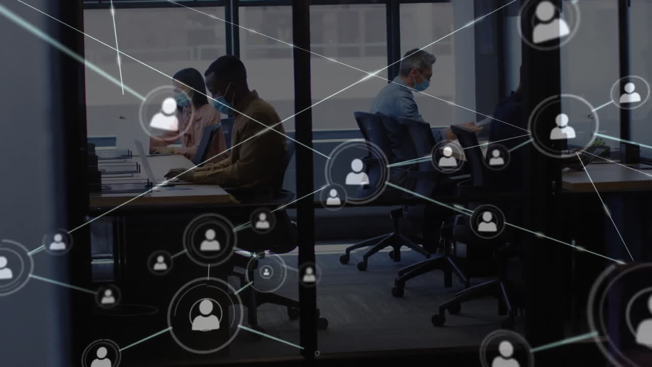 animación de diversas personas de negocios en la oficina a través de una red de conexiones