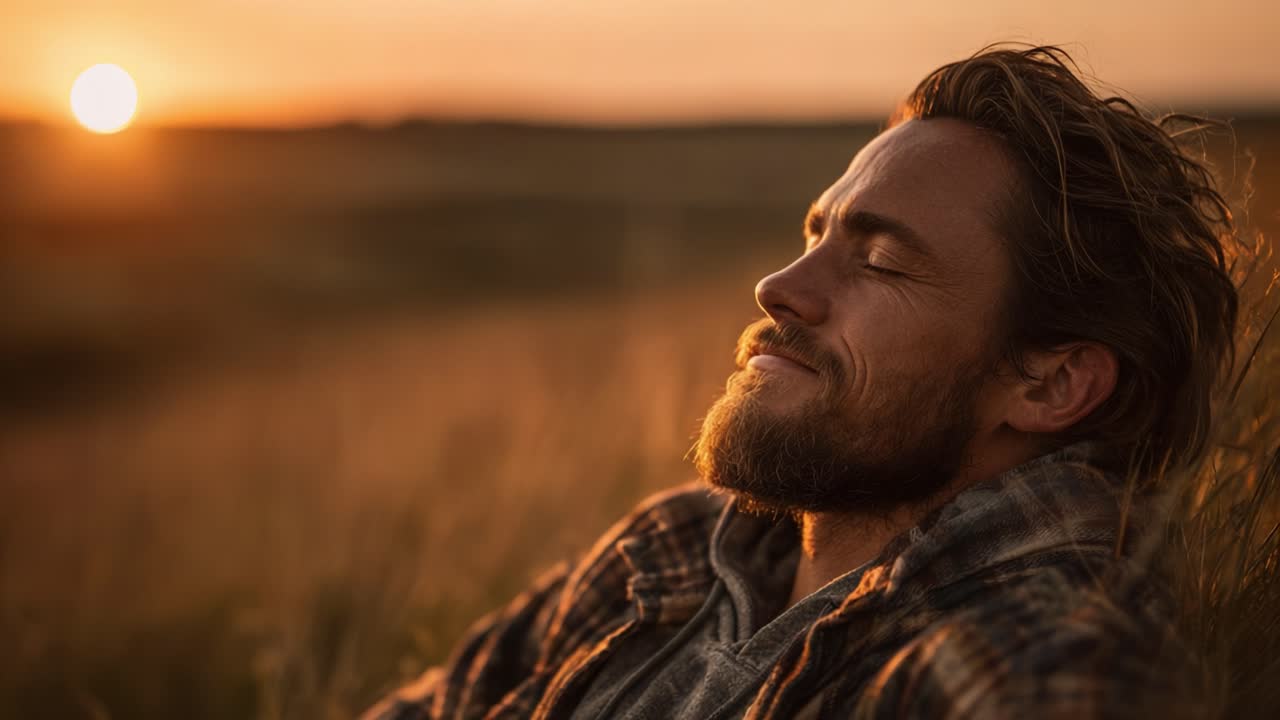 A Man Enjoys a Serene Moment in Nature as the Sun Sets, Embracing Peacefulness and Tranquility in a Golden Meadow at Dusk