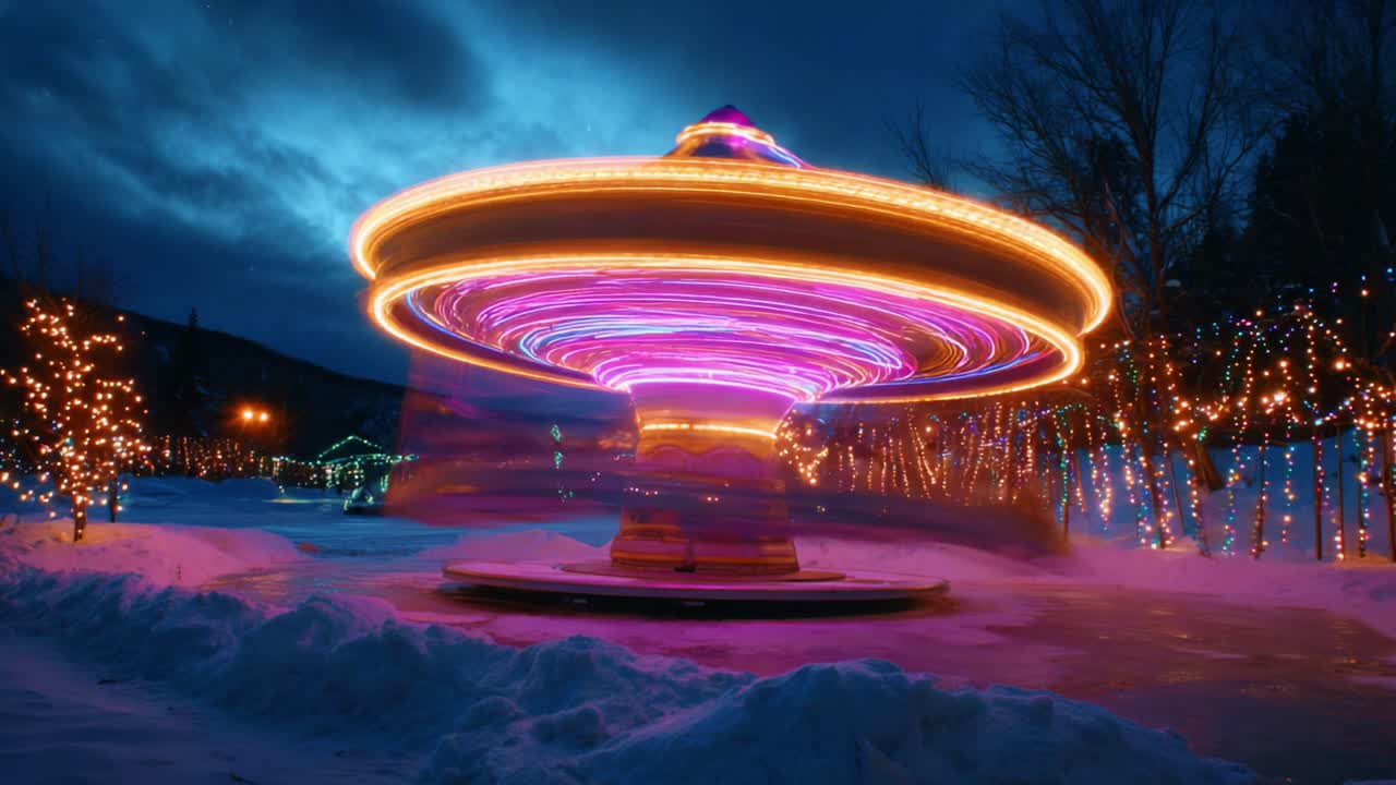 A mesmerizing winter scene showcasing a vibrant and illuminated carousel in motion, surrounded by twinkling lights and glistening snow, capturing the enchanting atmosphere of festive joy and excitement