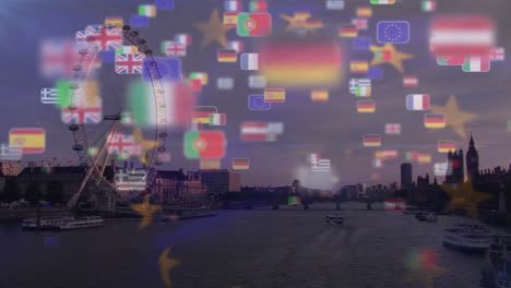 animation of waving eu flag over eu countries flag miniatures floating against cityscape