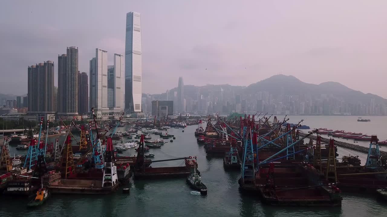 Aerial view of the financial district of Hong Kong from Kowloon harbor side.