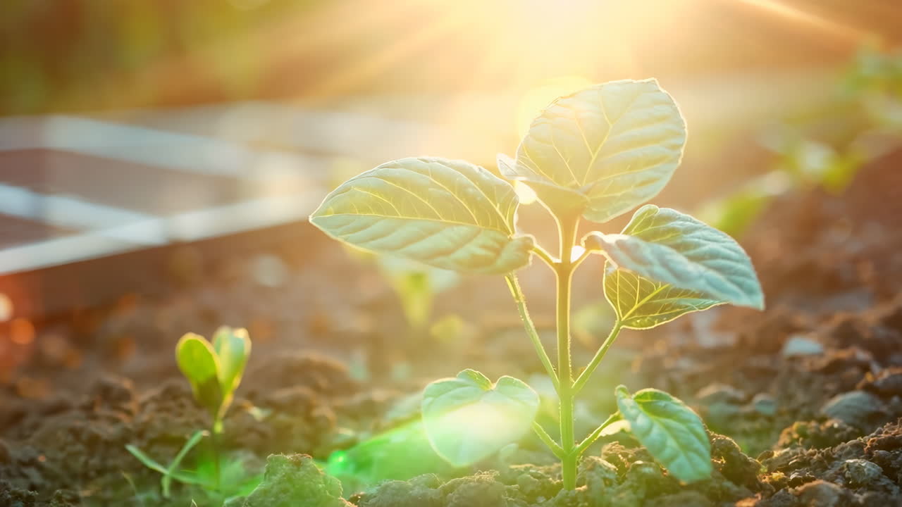 New Seedling Emerges in Lush Garden at Sunrise. A young plant breaks through the soil, basking in the warm sunlight of early morning, showcasing the beauty of nature's growth.