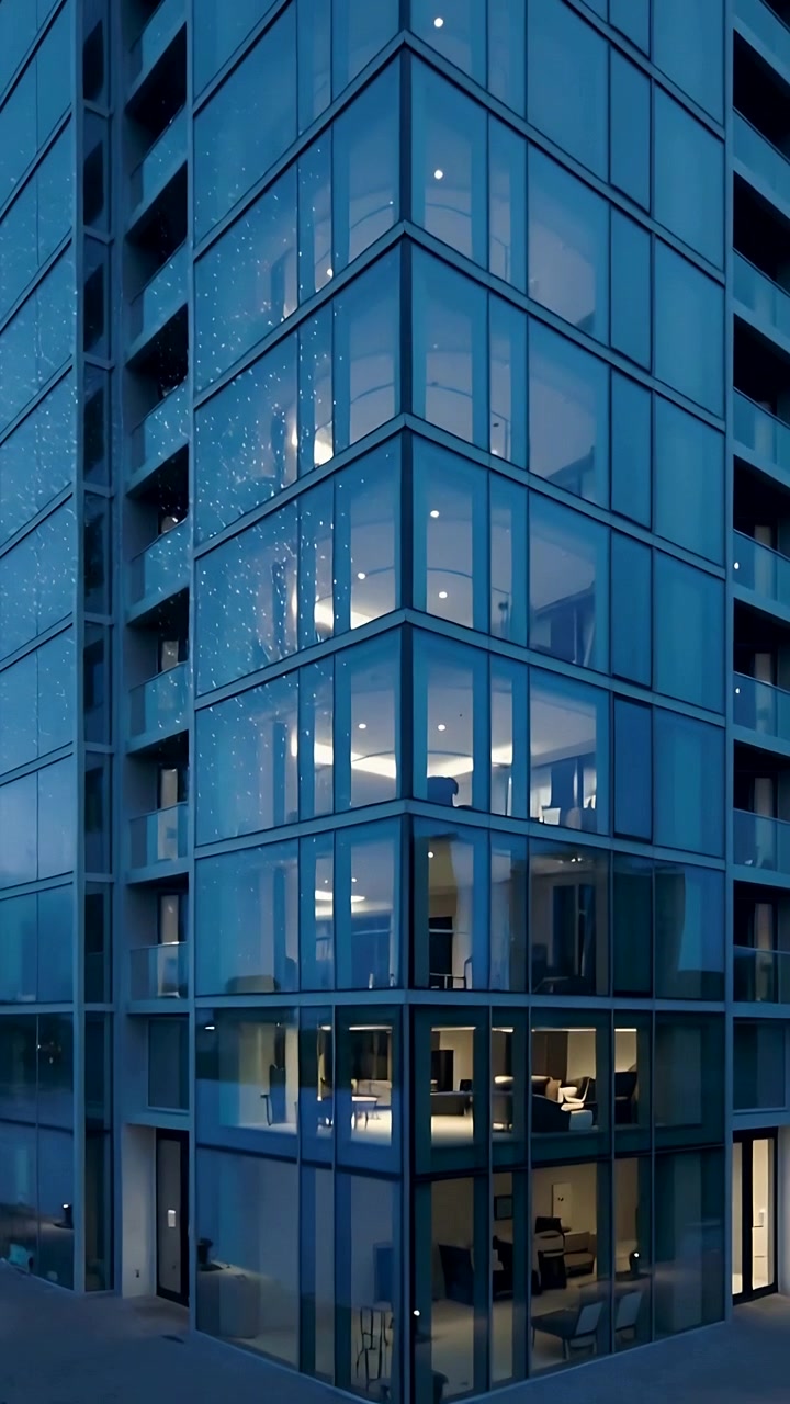 Video vertical: Cámara inclinándose al inicio, revelando una torre de esquina de cristal en el muelle, mostrando habitaciones iluminadas