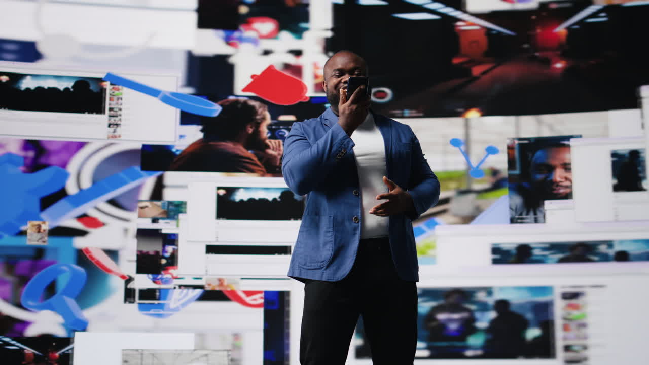 Smiling user answering a smartphone call next to mobile apps on screen