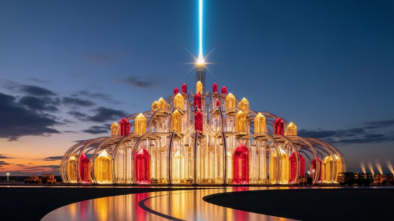 A Stunning Architectural Marvel Illuminated at Night with Vibrant Lights and a Towering Beam, Showcasing Modern Design and Innovative Features