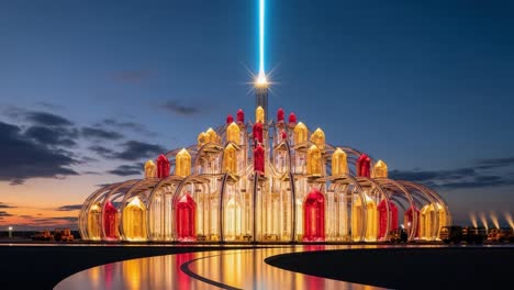 a stunning architectural marvel illuminated at night with vibrant lights and a towering beam, showcasing modern design and innovative features