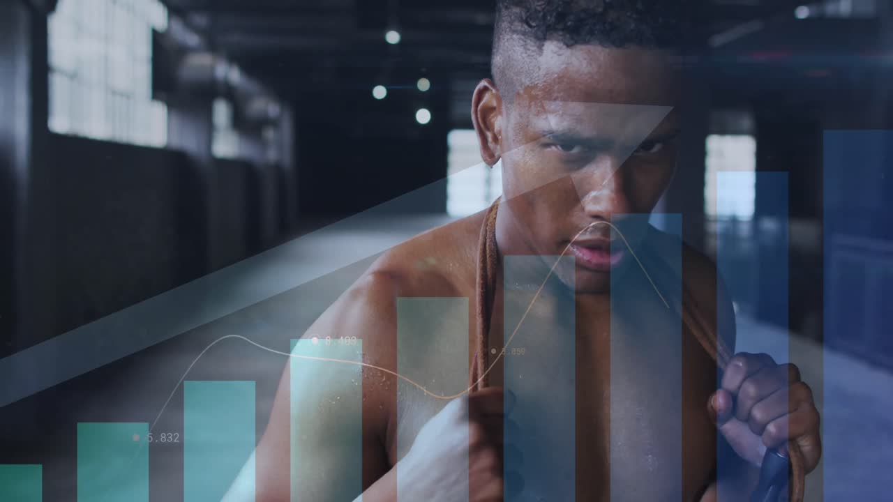 Animation of statistics and graphs over man holding rope in an abandoned building