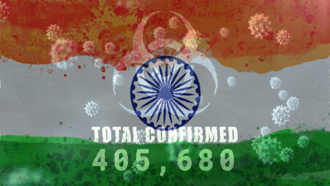 composition of covid 19 cells and biohazard sign with number of cases over indian flag