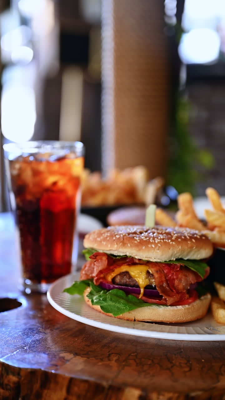 Juicy cheeseburger with bacon and lettuce served with fries and cola. Fresh cheeseburger with bacon, lettuce, and tomato on sesame bun served with fries and cola on wooden table