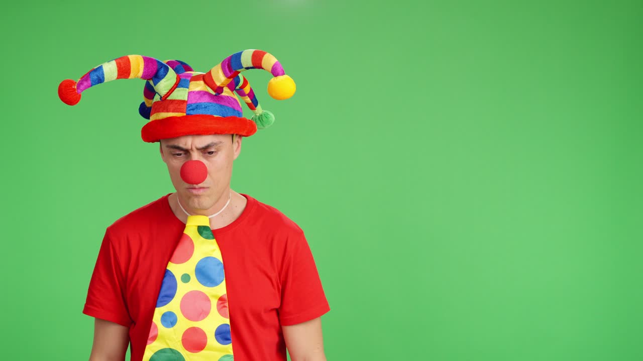Serious clown with folded arms on green screen