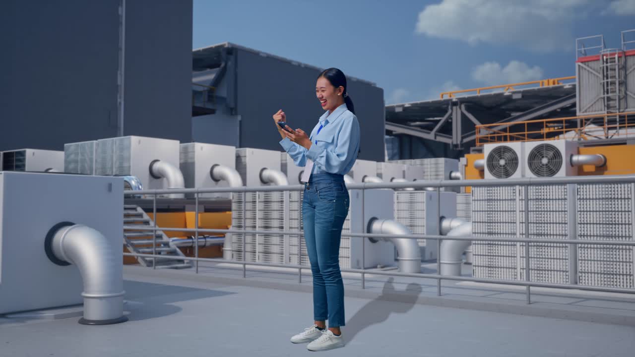 Full Body Side View Of Asian Female With Her Phone, Worker Inspecting Rooftop HVAC Units in Industrial Building, She Raises Her Fist Up With Screaming Goal
