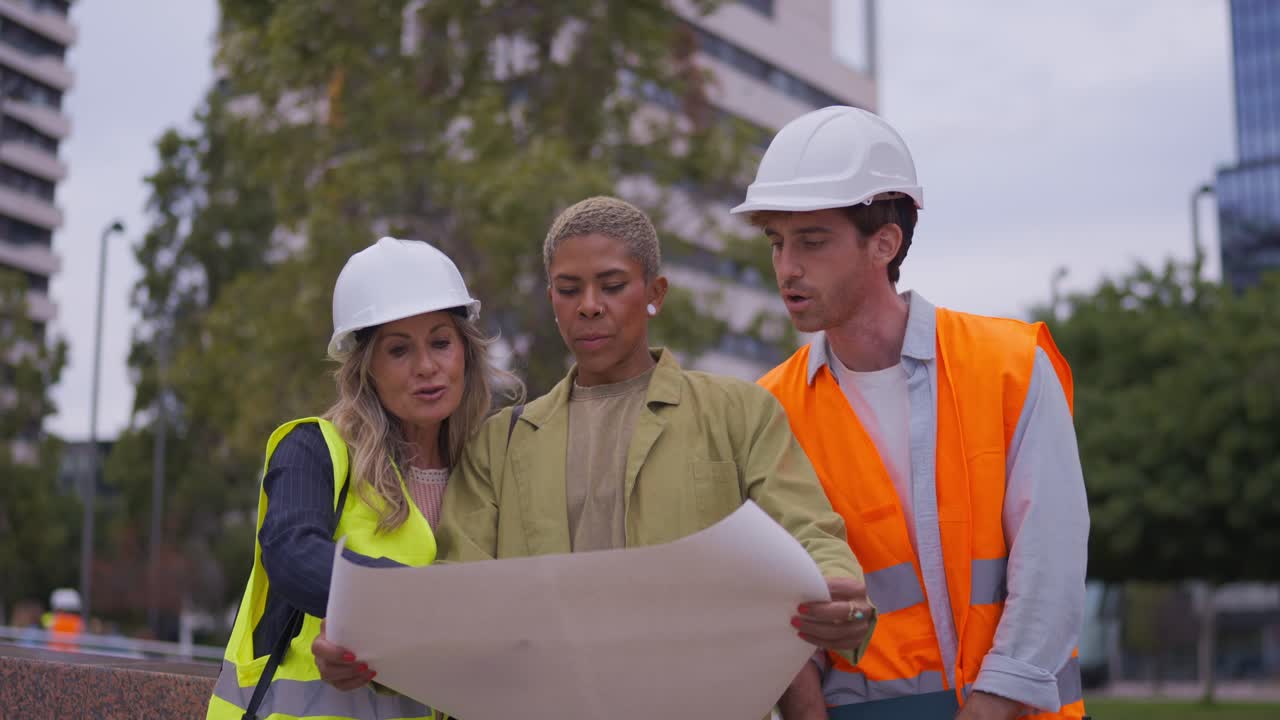 Construction Workers Reviewing Blueprints at Construction Site
