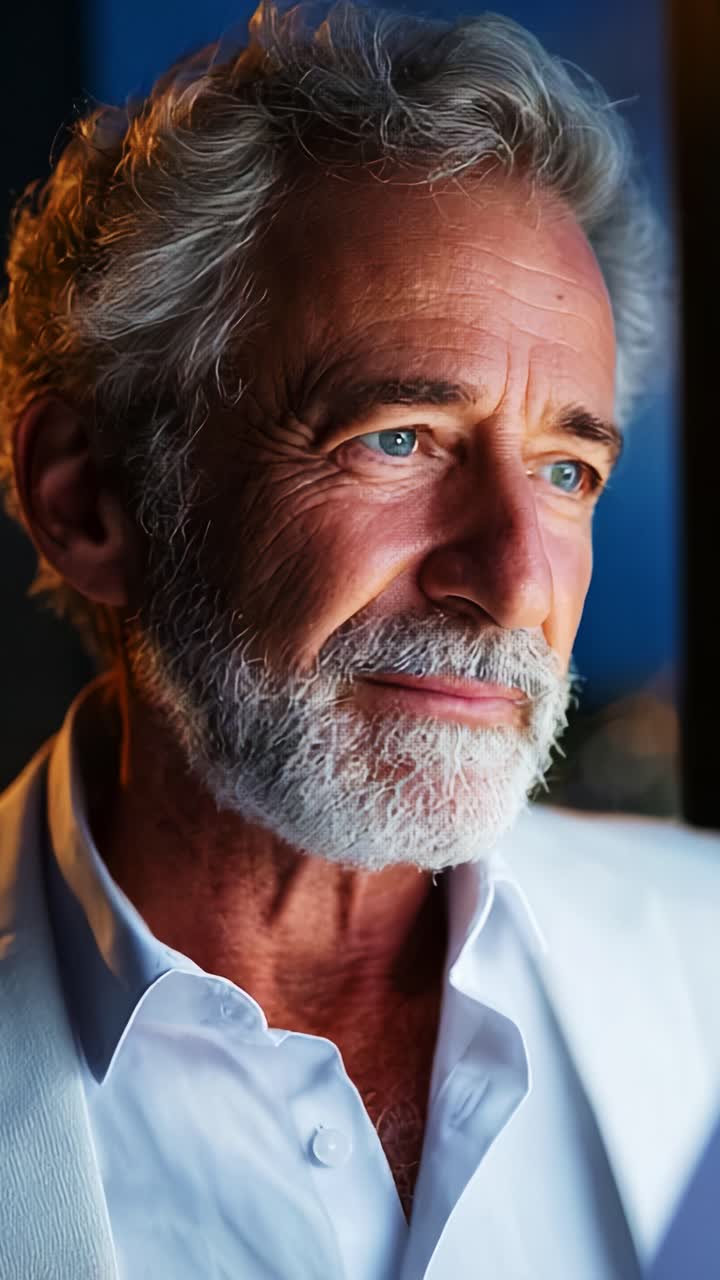 Um homem contemplativo com olhos azuis impressionantes e cabelos grisalhos, vestindo um terno branco, refletindo pensamentos profundos e sabedoria em um ambiente sofisticado