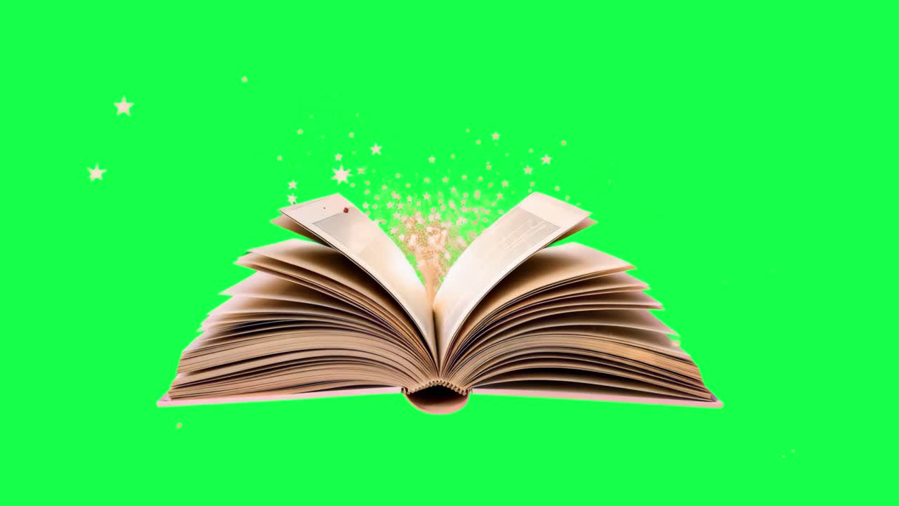 Magical book with sparkling pages animation, transparent 4K video, green screen