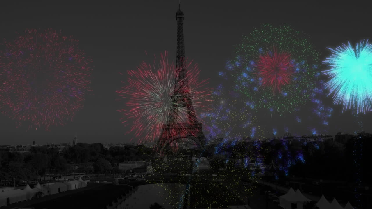 Animation of fireworks and eiffel tower background