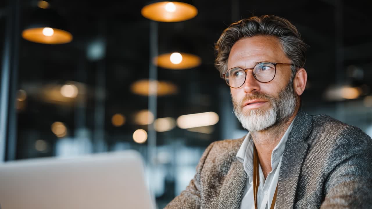 En selvsikker professionel mand med skæg og briller smiler, mens han omhyggeligt arbejder på sin bærbare computer i et veloplyst, moderne kontormiljø, udstrålende karisma og fokus