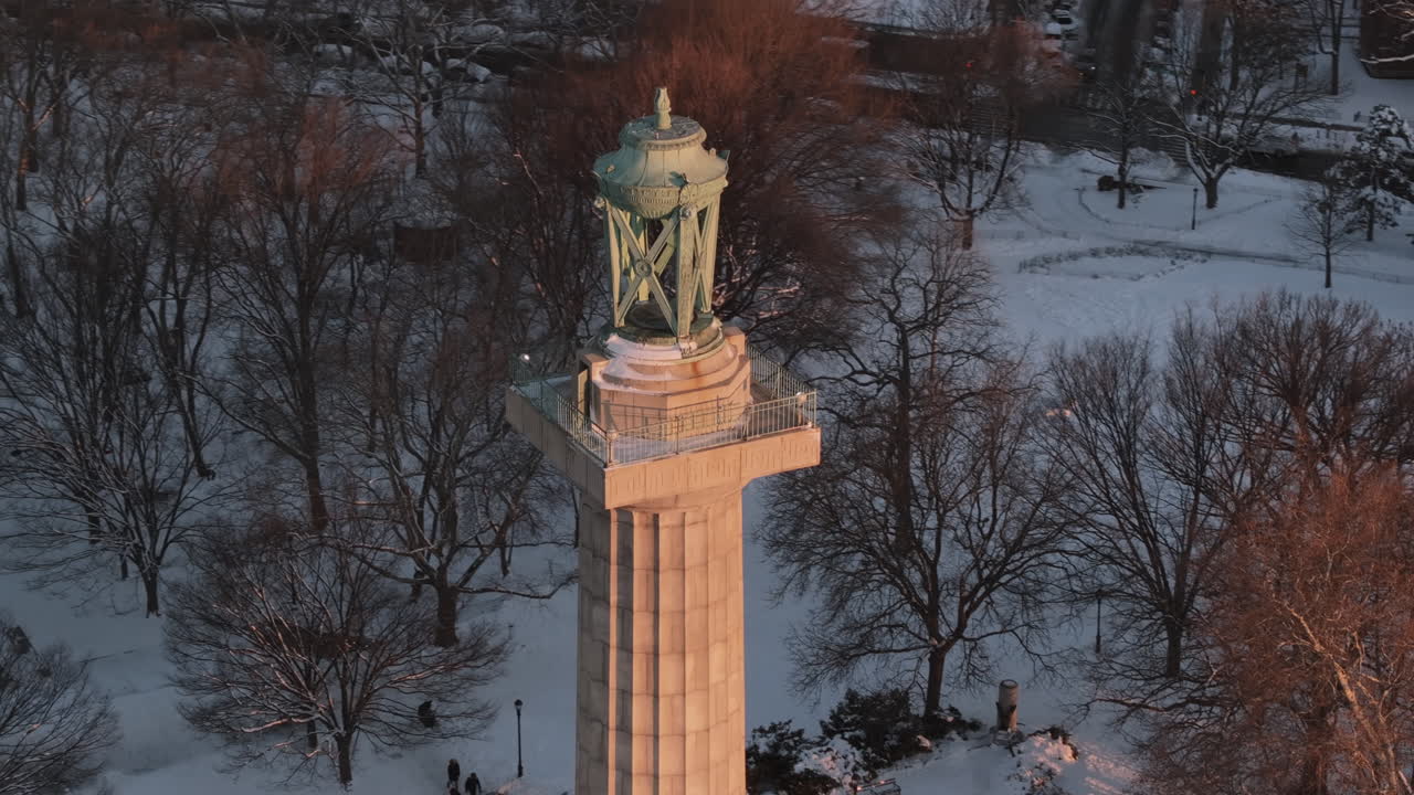 Drone shot of the Prison Ship Martyr's Monument in Fort Greene Park. Shot on a winter morning in Brooklyn, New York